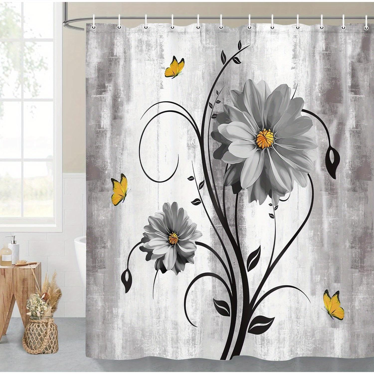 Textile Article Gray 1Pc Rustic Farmhouse Style Shower Curtain, Farmhouse Daisy Floral And Butterfly Country Bathroom Curtain With Hooks