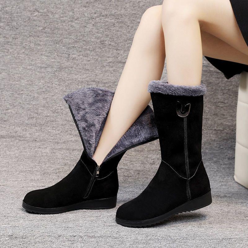 Women's High-Top Mid-Calf Snow Boots, Velvet-Lined, Non-Slip, Lightweight, Warm, Flat Bottom.