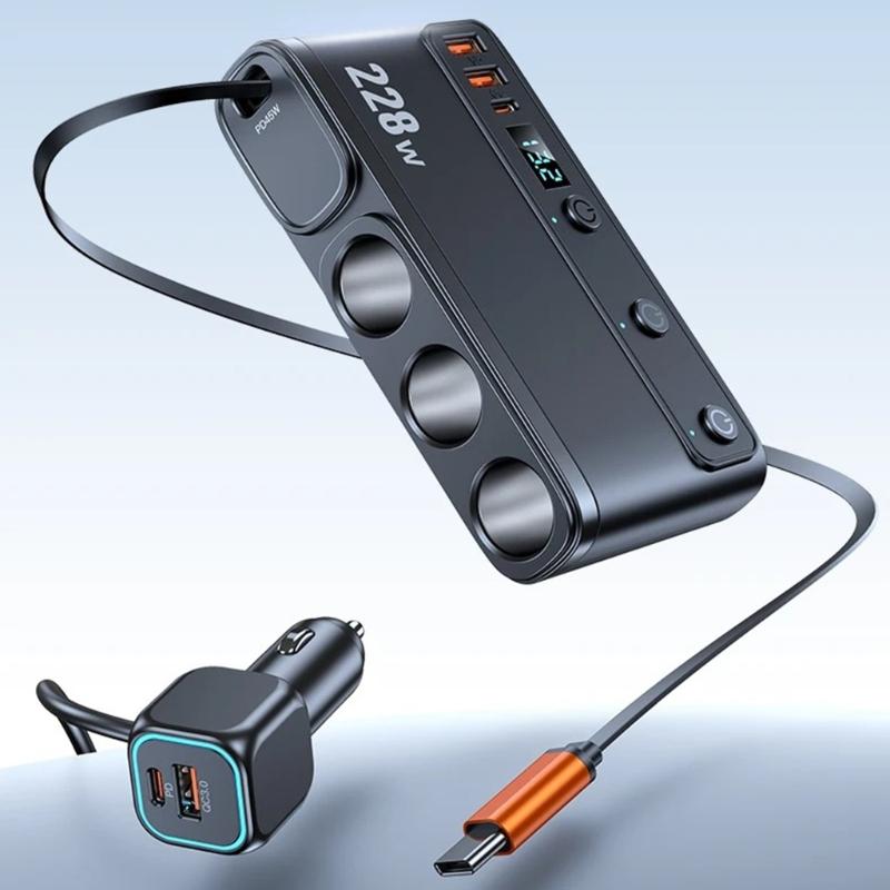 Car Chargers Splitter for Simultaneous Charging 228W Output QC3.0 PD45W with Telescoping USB C Cable LED Battery Monitor