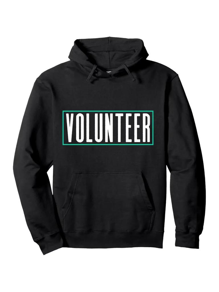 Casual Black Hoodie with "VOLUNTEER" Print - Long Sleeve