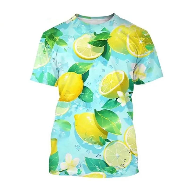 Summer Round Neck 3D Fruit Lemon Pattern Print Top Fashionable Casual Short Sleeved Men's and Women's Unisex T-shirts