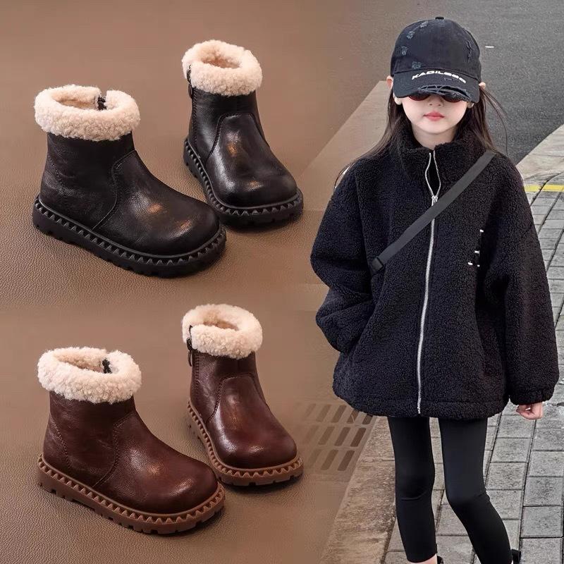 Girls' Winter Plus Velvet Cotton Shoes Baby Warm Snow Boots Fashionable Small Leather Boots