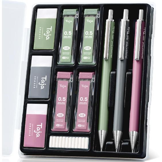 Taja Aesthetic 0.7mm Mechanical Pencil Set with Case – 3 Vintage Mechanical Pencils, 4 Tubes HB #2 Lead Refills, 3 Erasers & 12 Eraser Refills, 0.5mm