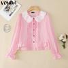 VONDA Women Lace Lapel Neck Long Sleeve Ruffled Pleating Casual Elegant Blouse