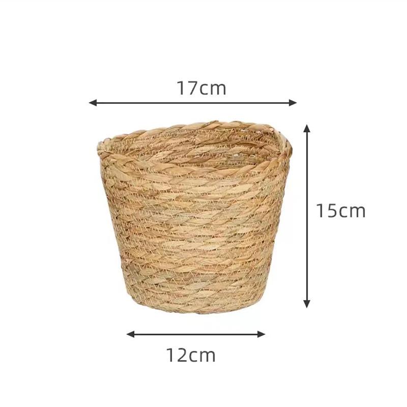 Handmade Straw Woven Flower Basket & Desktop Rattan Storage Ornament for Green Plants