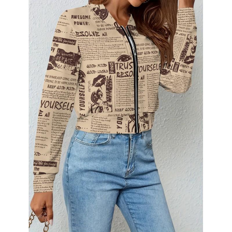 Womens Casual Zip-Up Jacket With 3D Letter Print Fashion Lightweight Outerwear Daily Wear