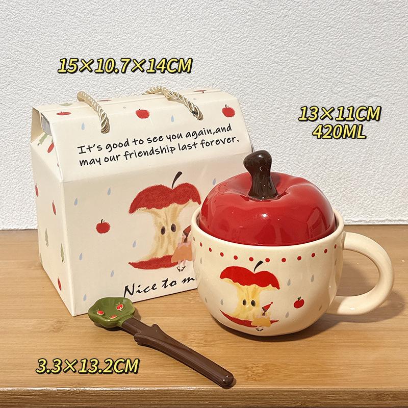 

Милая чашка для завтрака с крышкой и ложкой для питья воды в офисе, парная чашка для воды, подарок на день рождения для женщин, керамическая кружка с яблоком 420ml