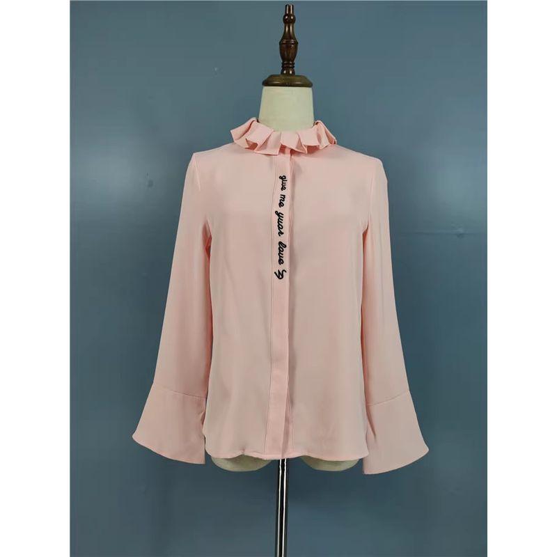 

Export Single Elegant All-Match Commute Office Ol Lapel Exquisite Embroidered Flared Sleeve New Arrival Simple Outdoor Shirt for Women Pink XL