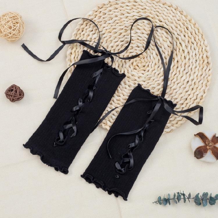 Gothic Frilly Fingerless Gloves Lace-Up Ribbon Ribbed Knit Arm Warmers for Women