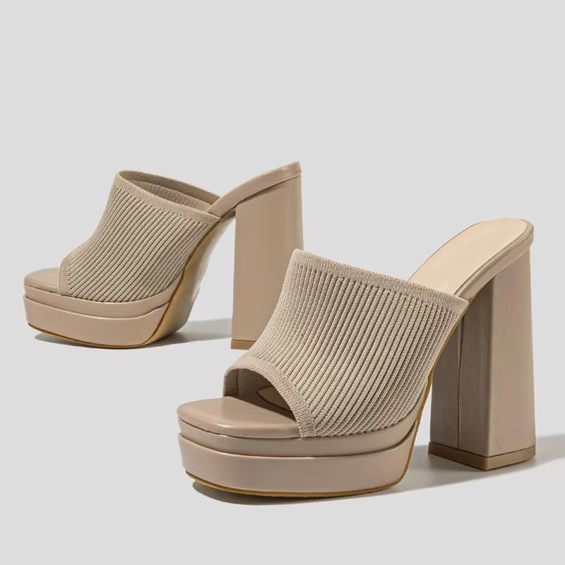 

Fashion Eilyken New Arrived Chunky Platform Square Toe Women Slippers Design Style Super Elastic Fabric High Heels Ladies Shoes 35 абрикосовий