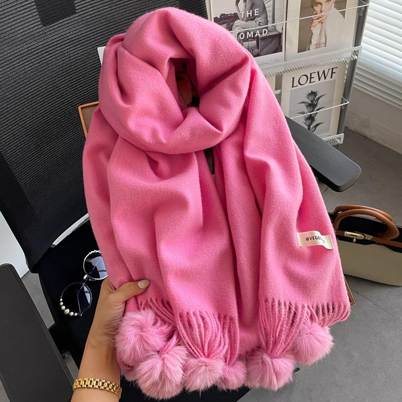 Solid Color Hairball Knitted Imitation Cashmere Scarf Female Winter Warm Student Cute Versatile Soft Girl Shawl