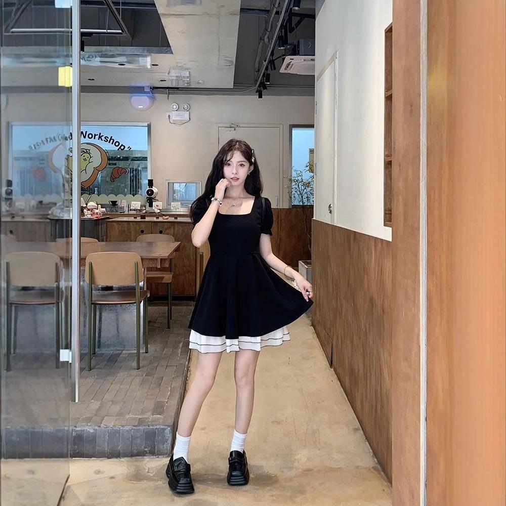 French Hepburn Small Black Dress Summer Waist Thin Advanced Sense Sweet Contrasting Color Splicing Small Square Neck Dress