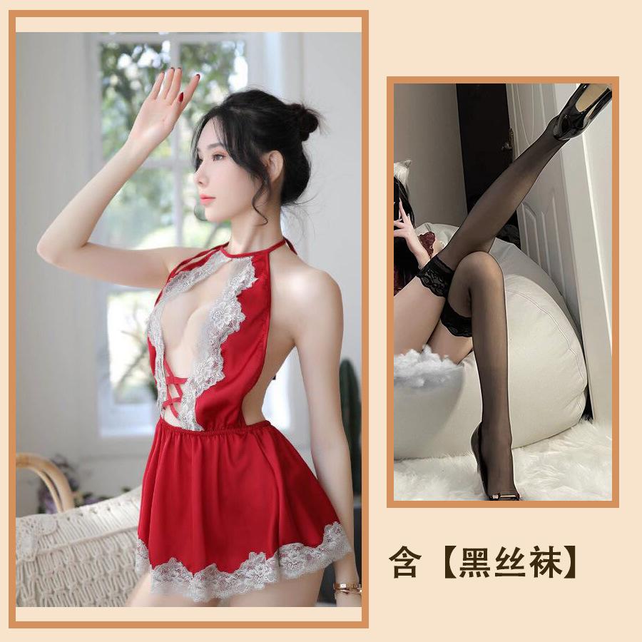 Sexy Lingerie Sexy Cute Girl Seduction Lace Neck Deep V Home Perspective Nightdress Set