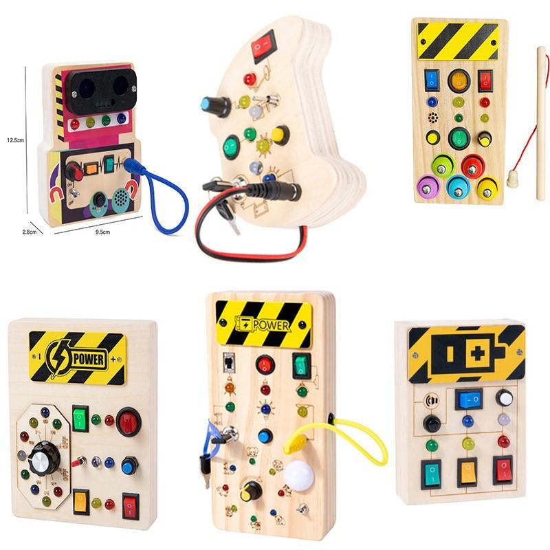 Baby Wooden Montessori Busy Board Circuit LED Light Simulation Socket Switch Life Skills Cognitive Toy
