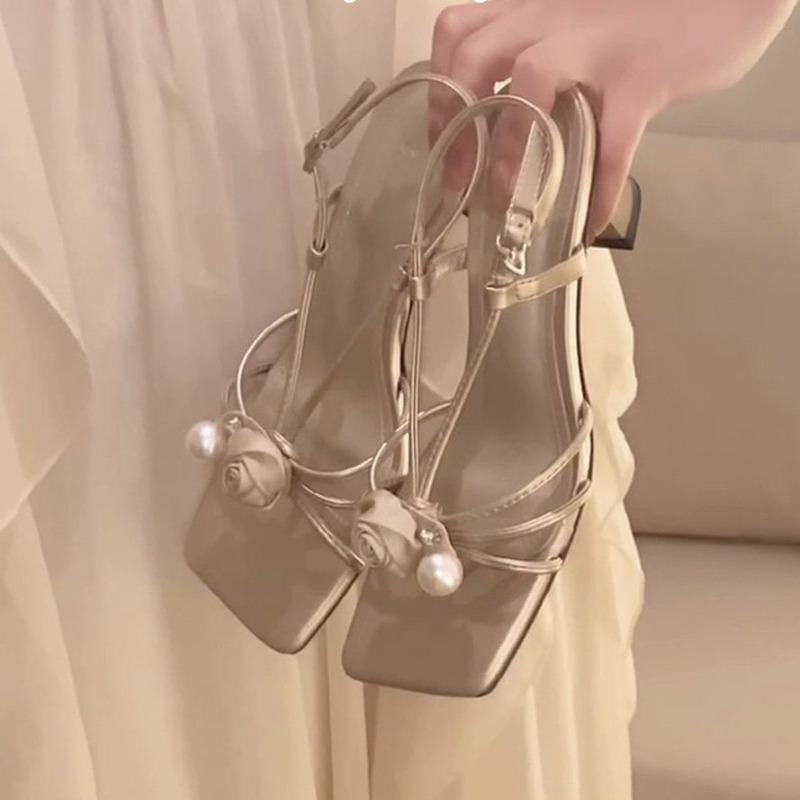 New champagne pearl sandals women's cross-strap hollow shoes summer fairy skirt wear high-heeled sandals