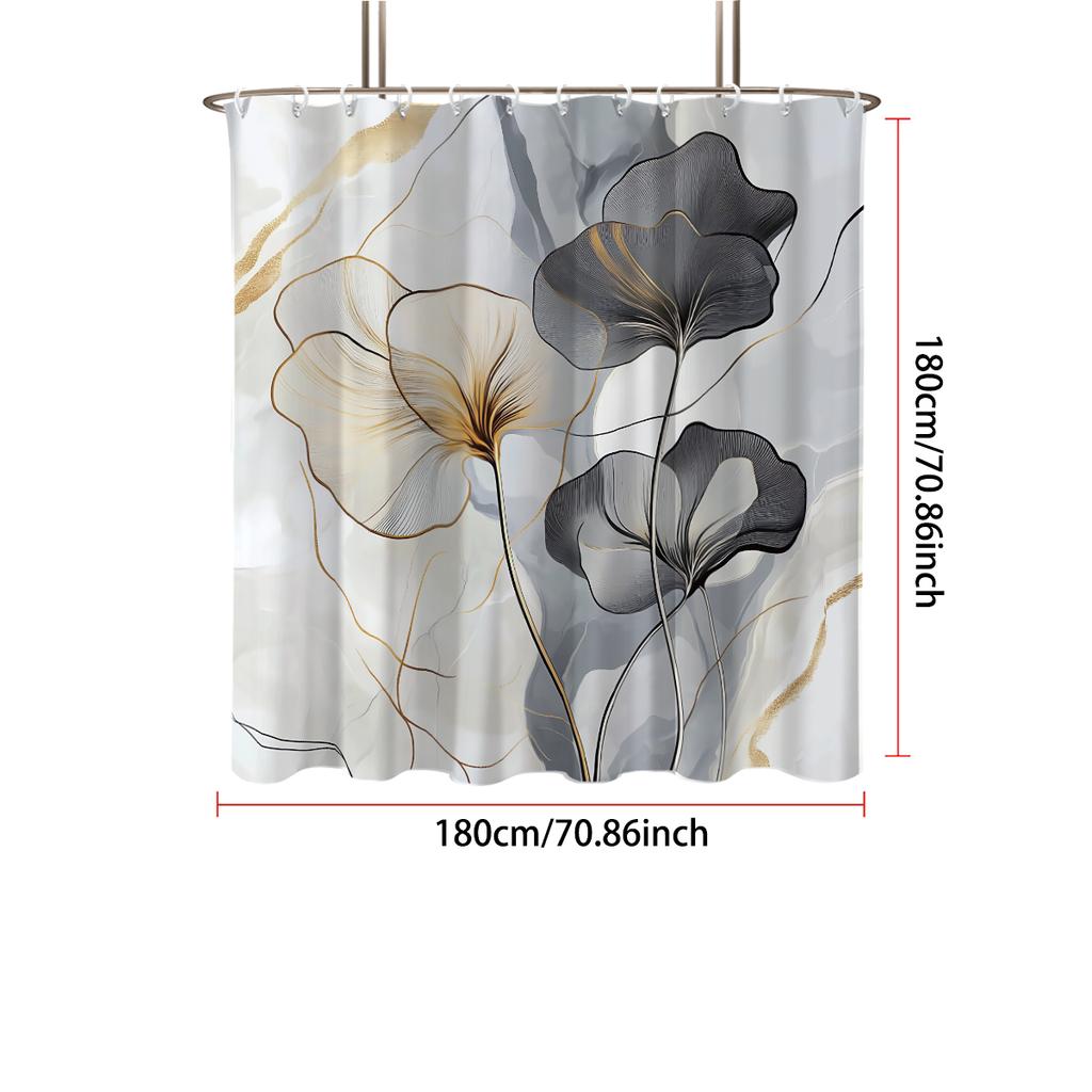 1pc Ink Wash Line Flower Print Waterproof Shower Privacy Hanging Curtain with 12 Hooks Multiple Sizes Machine Washable
