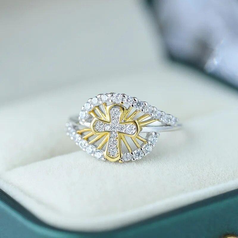 Originalité 18K or irrégulier ajouré croix Couple bague pour femmes en argent Sterling fiançailles cadeau de mariée bijoux en argent Sterling anneaux pour femmes