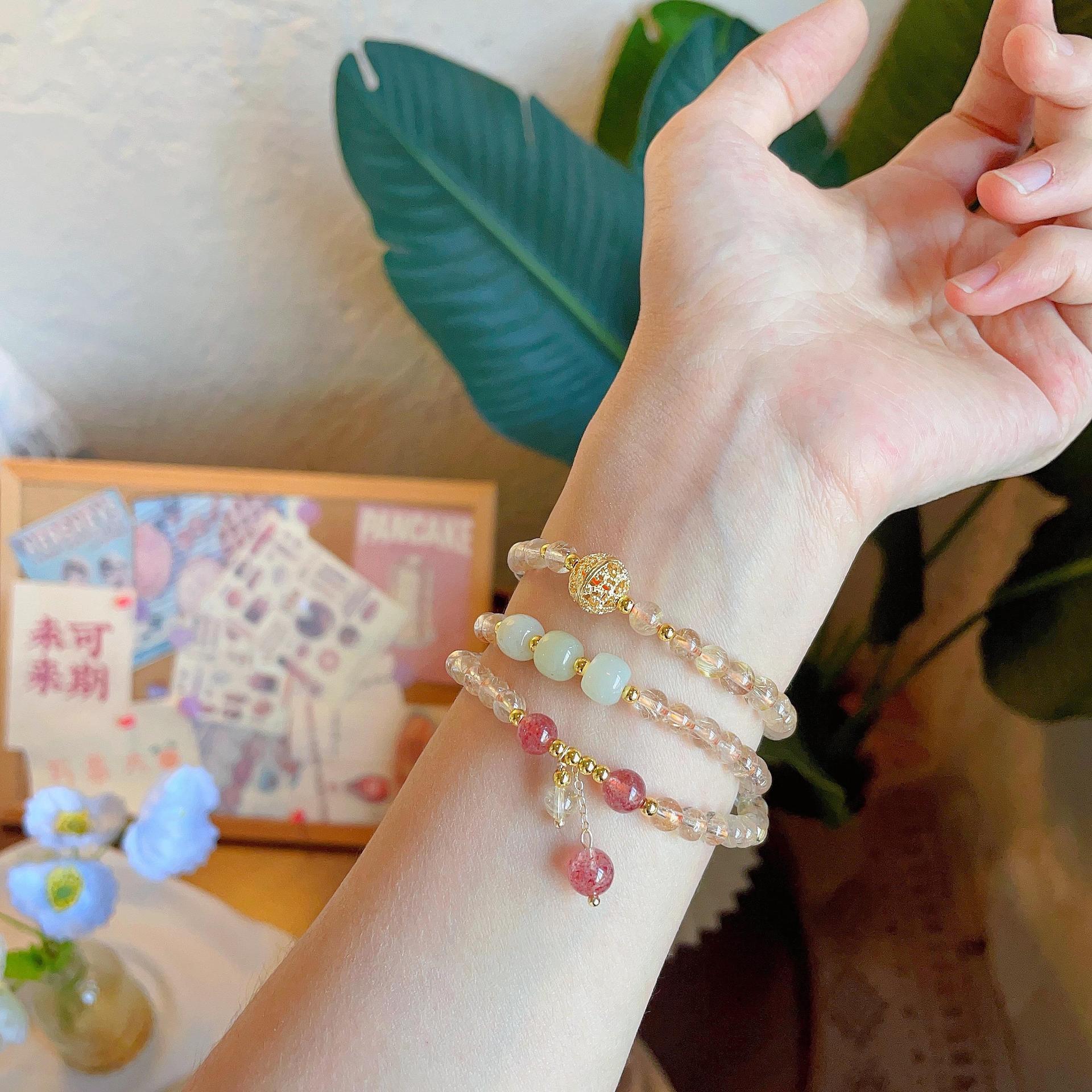 Natural golden rutilated quartz bracelet for women, Hetian jade strawberry crystal yellow rutilated quartz bracelet, multi-loop design bracelet for Love Bread - A Perfect Ba