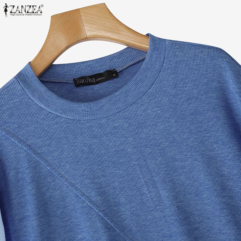ZANZEA Women Casual Round Neck Long Sleeve Loose Patchwork Blouse