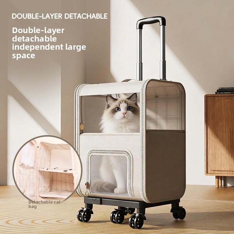 Portable Pet Carrier Backpack with Wheels 2 Layer Spacious Cat Travel Bag Pet Stroller for Outdoors Fashion Cat Carrier Case