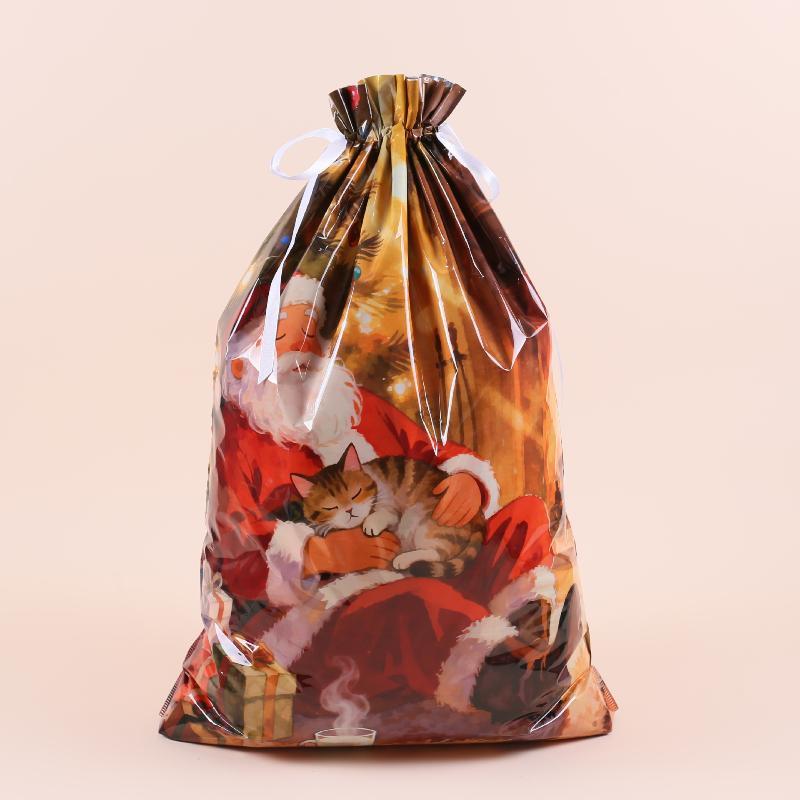 Christmas Drawstring Gift Bags with Assorted Festive Patterns Self Standing for Home Xmas Party Treat Packing