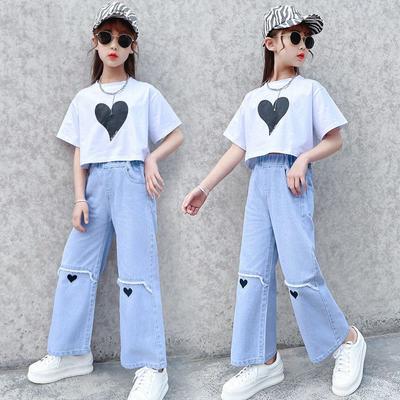 Summer 2024 Teen Girls Clothes Sets Children ShorSleeve T-shirts + Wide Leg Jeans 2PCS School Kids Clothing Suit 8 10 12 14 Year
