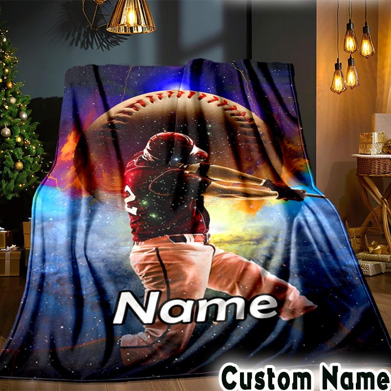 Custom Name Baseball Glove Bat Throws Blanket Flannel Blankets for Couch Bed Gifts for Men Women Picnic Blanket Christmas Fan Gifts