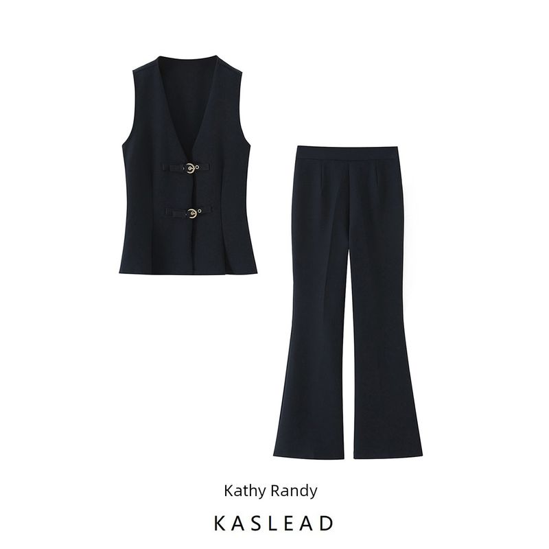 Kaslead New Women Clothes Western Style Buckle Decoration Crepe Top Trumpet Pants 1165060 1165340