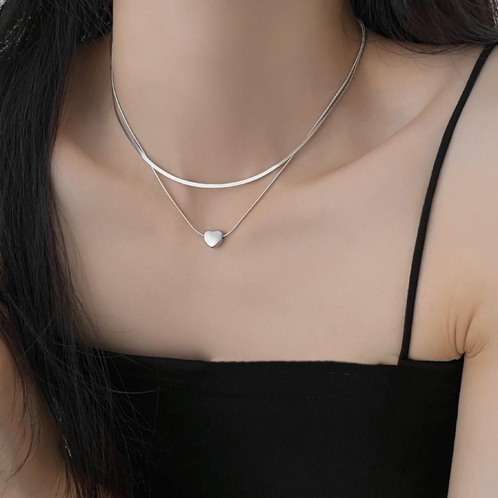 Silver Double Layer Heart Pendant Necklace for Women Minimalist Layered Choker Jewelry