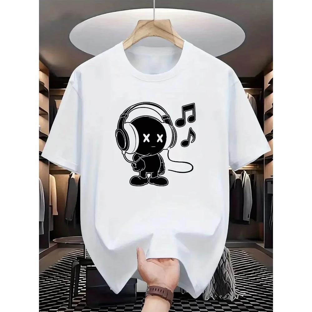 Summer Men's 100_ Cotton Casual Loose Fit Plus Size Music Themed Printed Comfortable Sports Round Neck Short Sleeved T-shirt Top