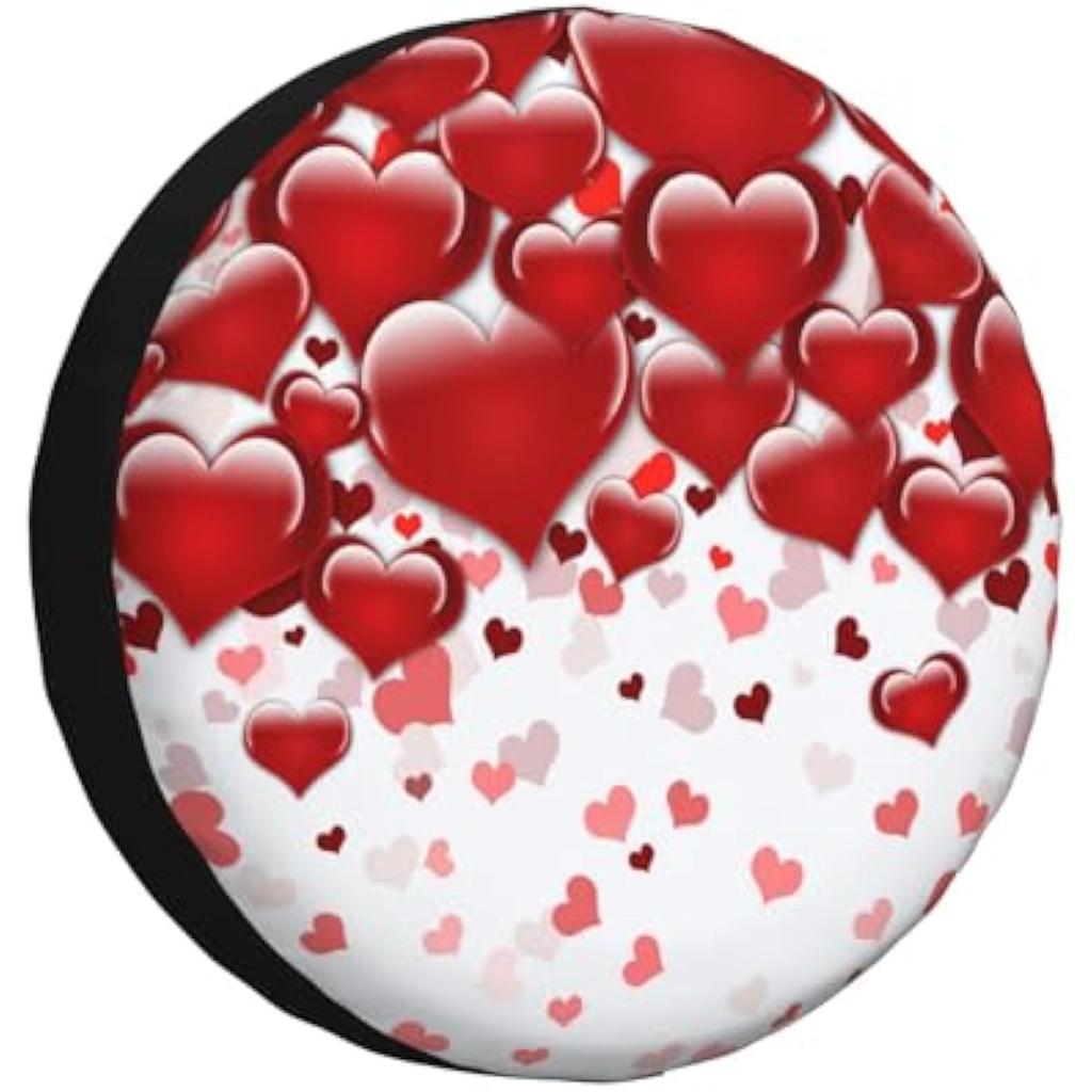 Red Love Heart Valentines Tire Cover Waterproof Dust-Proof Wheel Protector for SUV Truck Trailer