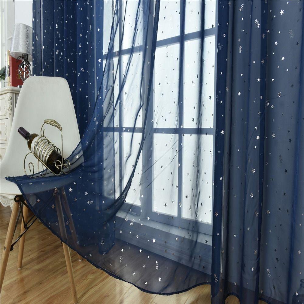 Translucent Tulle Curtains Elegant Window Curtains Silver Stars Sheer Curtains  Home Decoration