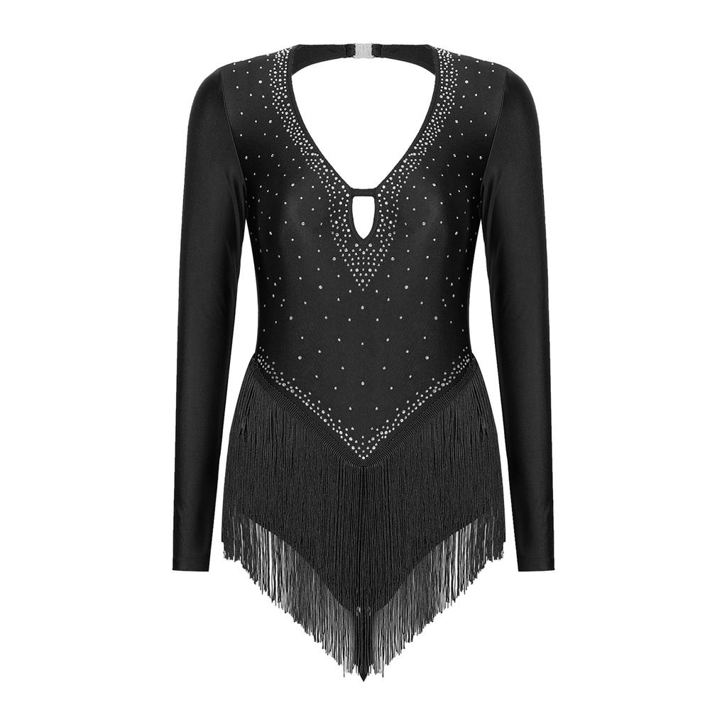 Body de Baile Latino Brillante con Pedrería para Mujer Cuello en V Profundo Manga Larga Leotardo con Flecos Espalda Descubierta Disfraz de Actuación