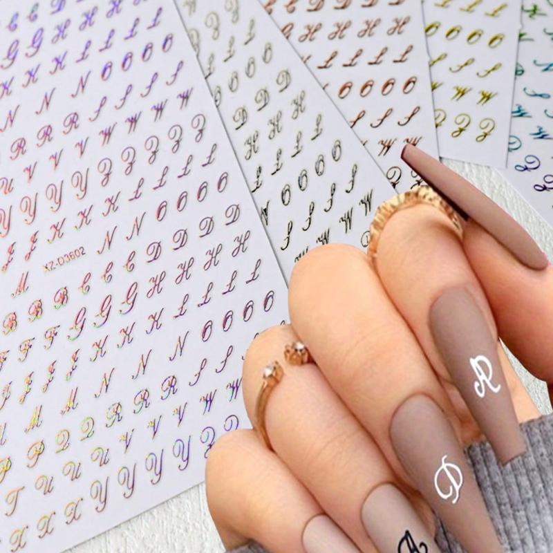 6 Sheets 3D Retro English Letters Nail Art Stickers, 6 PCS 3D Self-Adhesive Black Gold Silver Colorful Alphabet Design Nail Decals Personalized