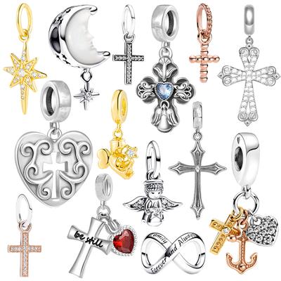 NEW 925 European Sparkling Cross Dangle Angel Charm Bead Fit Silver Bracelet Necklace DIY Jewelry Gift for Women