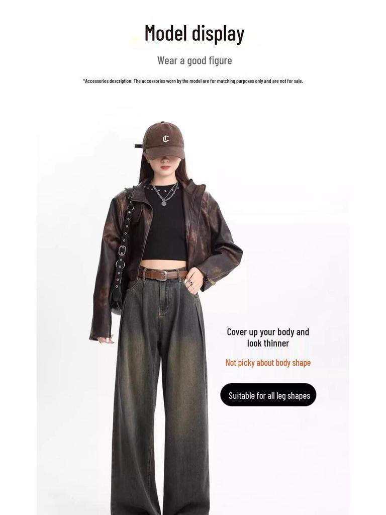 American Retro Women's High-Waisted Wide-Leg Jeans - Autumn/Winter Style Loose Drapey Mop Pants.