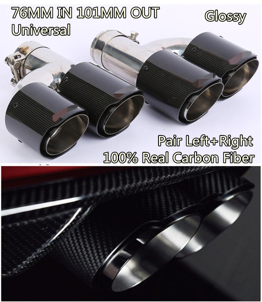 Universal Pair Glossy 100% Real Carbon Fiber ID:3.0" 76mm OD:4.0" 101mm Car SUV Dual Pipe LEFT + Right Exhaust Pipe Tail Muffler Tip
