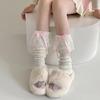 Women Aesthetic Ribbed Knit Stretch Leg Warmer Japanese Boot Cover Sweet Ruffled Lace Trim Bows Leg Sleeve Long Socks