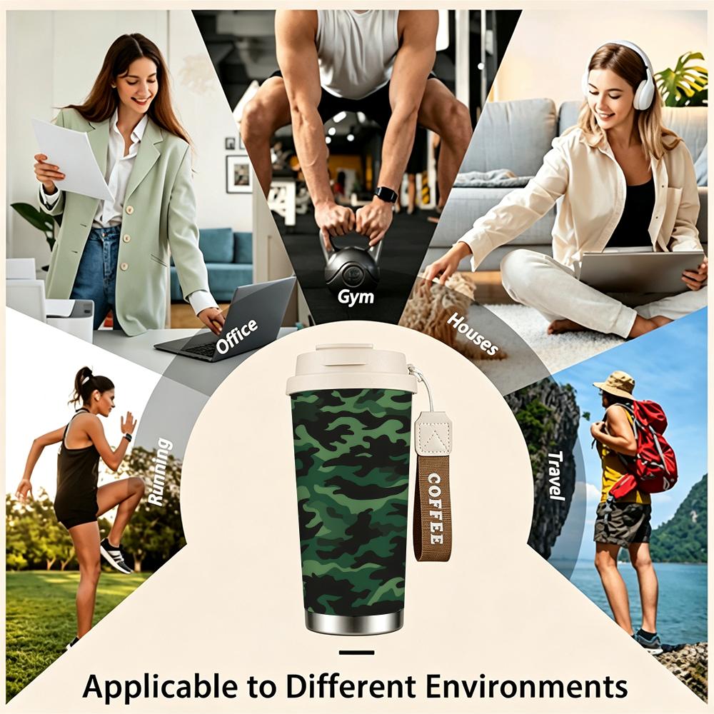 Green Camouflage Pattern Stainless Steel Insulated Coffee Tumbler,Double Vacuum Travel Mug for Hot Cold Drinks Outdoor Hiking