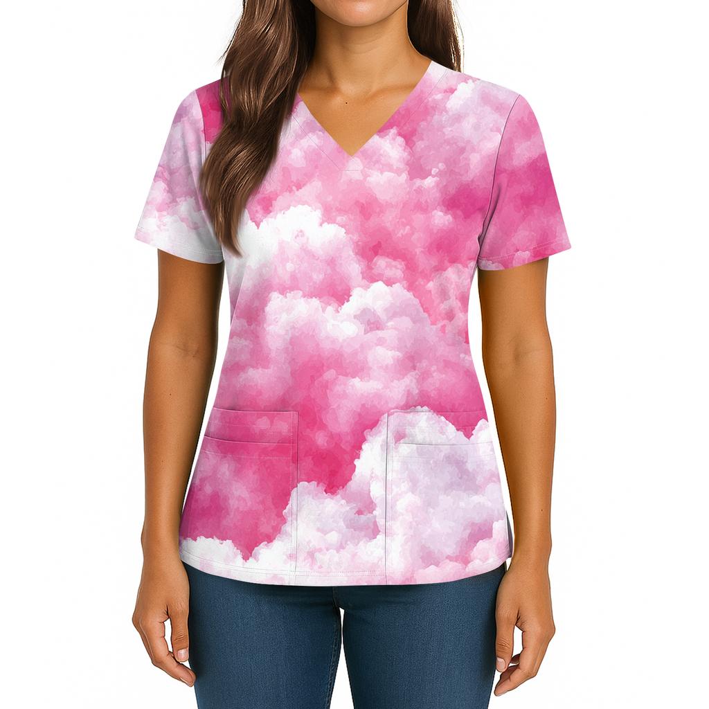 Women's Gradient Print V-Neck Double Pocket Short Sleeves Hem Slit Uniform Caregiver Top