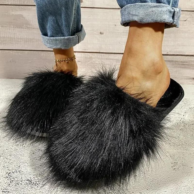 Luxury Fur Non-slip Slippers Women Open Toe Slides Shoes Woman Flat Half Slippers Female Fashion Warm House Floor Slippers Mules