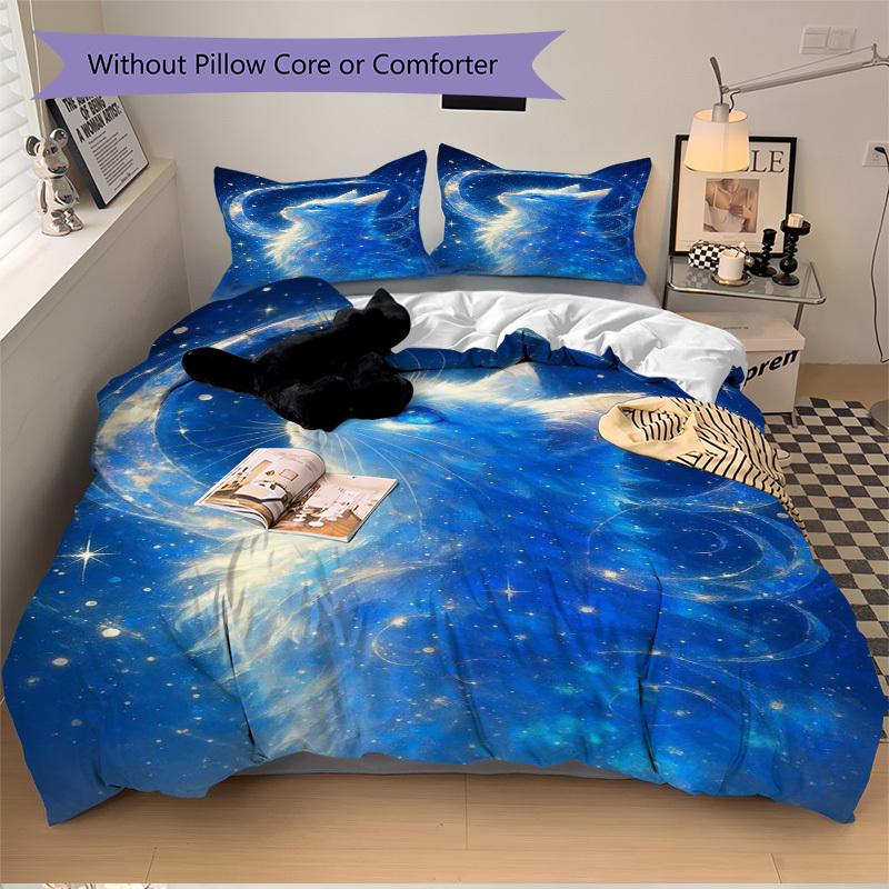3pcs Anime Cat Moon Stars Bedding Set - Includes One Quilt Cover and Two Pillowcases (No Core) - Home Decor Gift for Bedroom and Guest Room