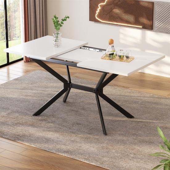 White Extendable Dining Table 120/160x80cm, Black Metal Table Legs, White Rectangular Dining Table, Suitable for 4 To 6 People