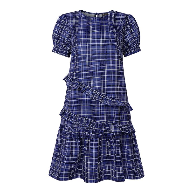 

VONDA Women O Neck Puff Sleeve Plaid Print Casual Ruffled Mini Dress 2XL
