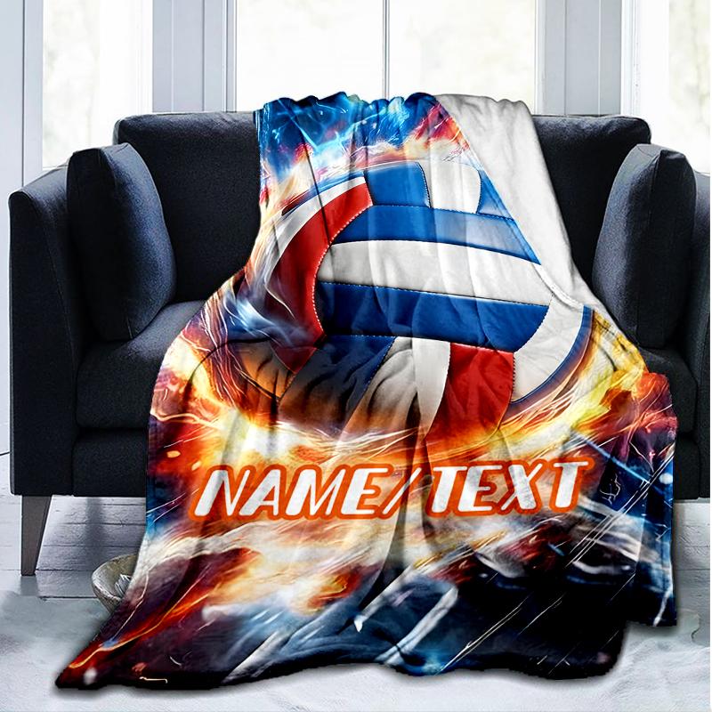 1PC Custom Name Volleyball Fire Outdooor Flannel Blankets Throw Blanket All-Season Throw Gift Bedspread for Couch, Bed, Camping Holiday Birthda