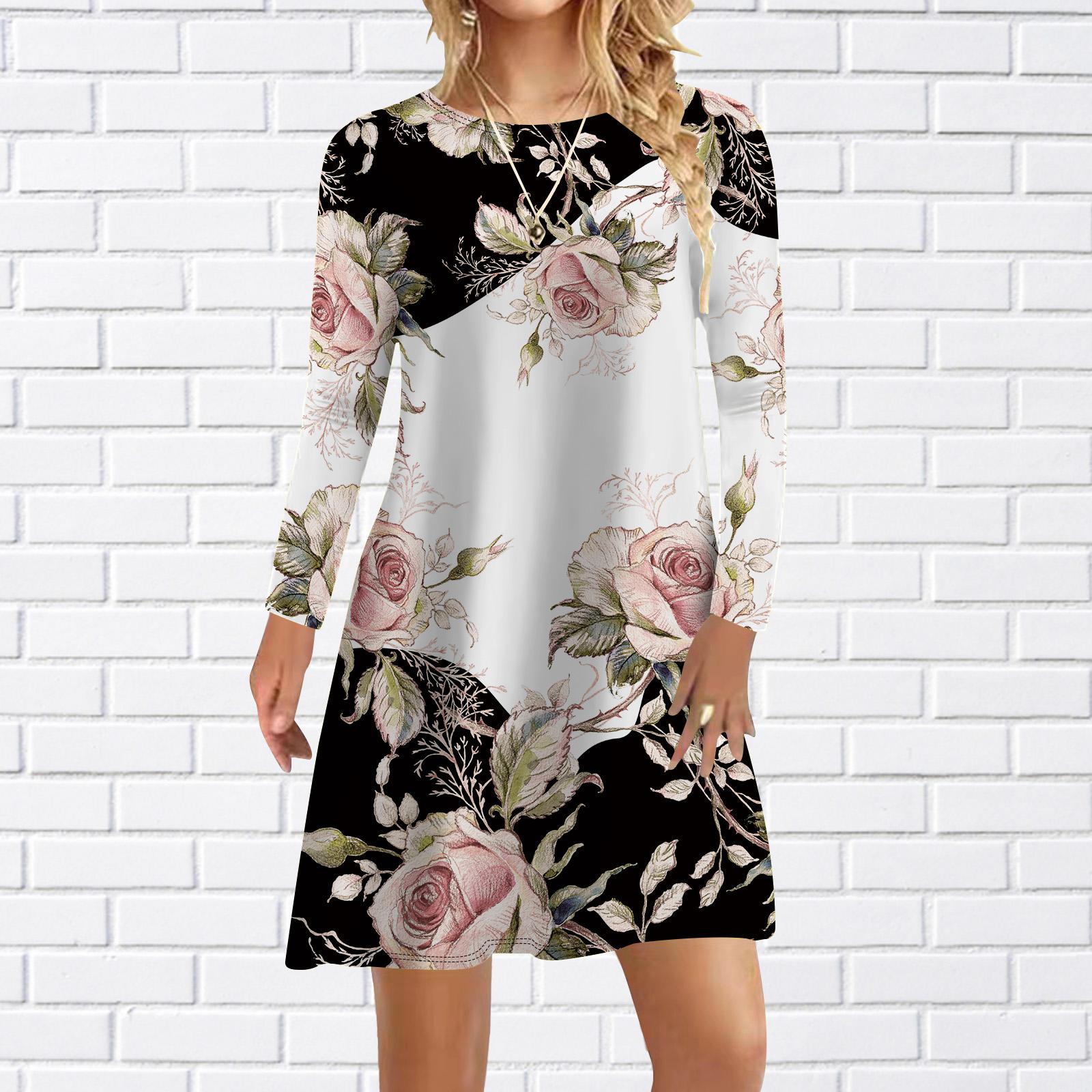 

Женское повседневное платье осенне-розовое нежное платье с принтом роз для женщин с круглым вырезом и коротким рукавом платье больших размеров