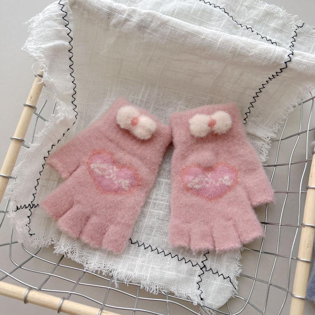 New Style Women's Half Finger Big Children's Warm Five Finger Split Finger Writing Love Bow Cute Knitted Gloves