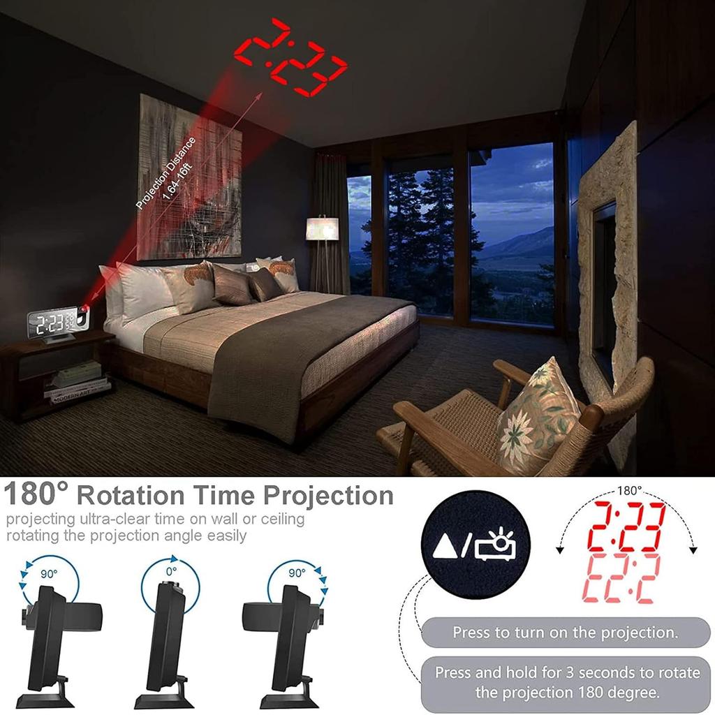 Projection Alarm Clock, USB Powered Mirror Display Design Clock, 180 Degree Rotation High Brightness LED Light Source Ceiling Digital Alarm Clock
