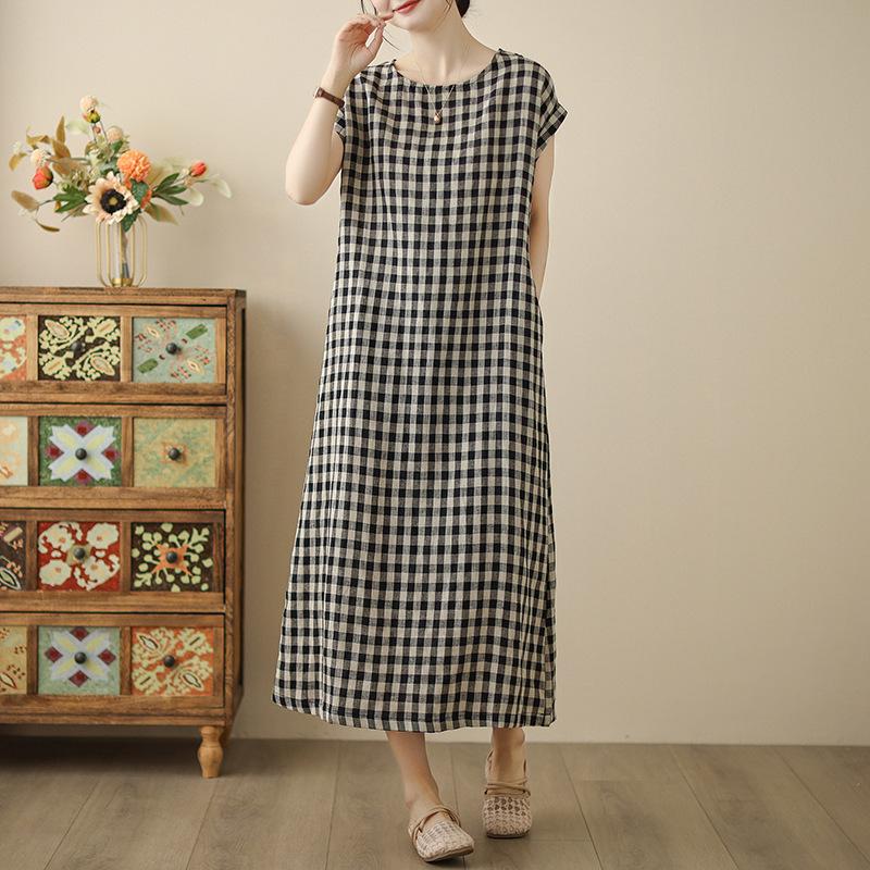 

Summer Dress Fashiona Cotton Linen Checkered Artistic Loose and Casual Mid Long Length Dresses Women s Clothing XXL белый