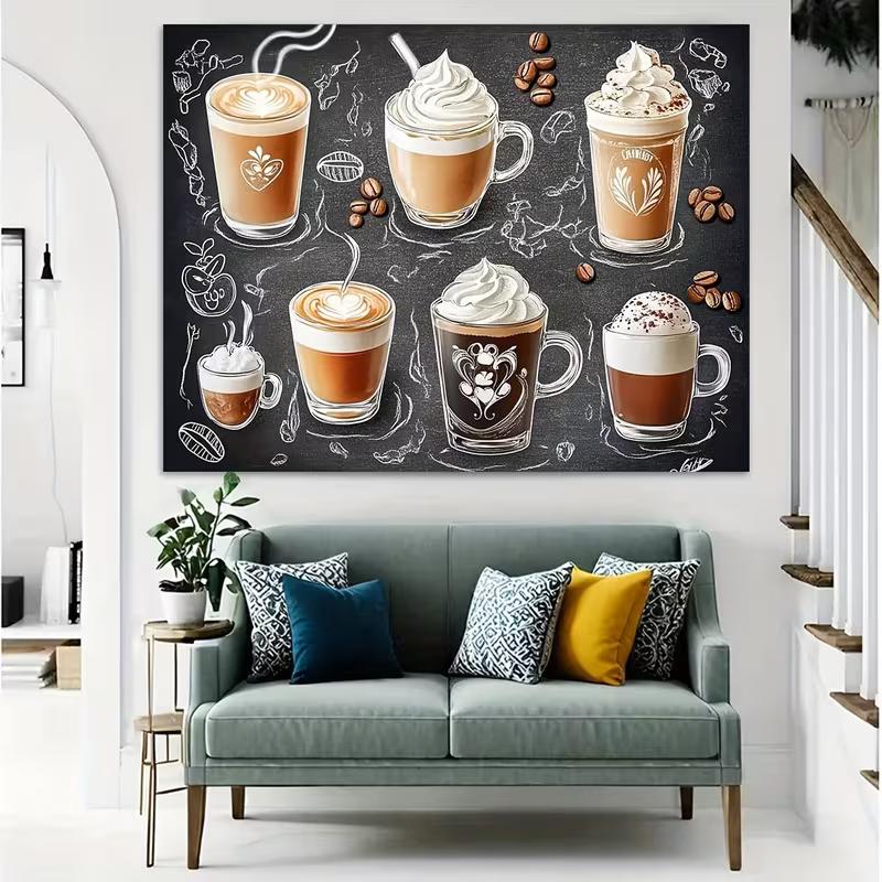 Rustic Coffee Art Tapestry, Assorted Lattes, Cappuccinos and Mocha Drinks with Chalkboard Sketches, Cozy Cafe Wall Art